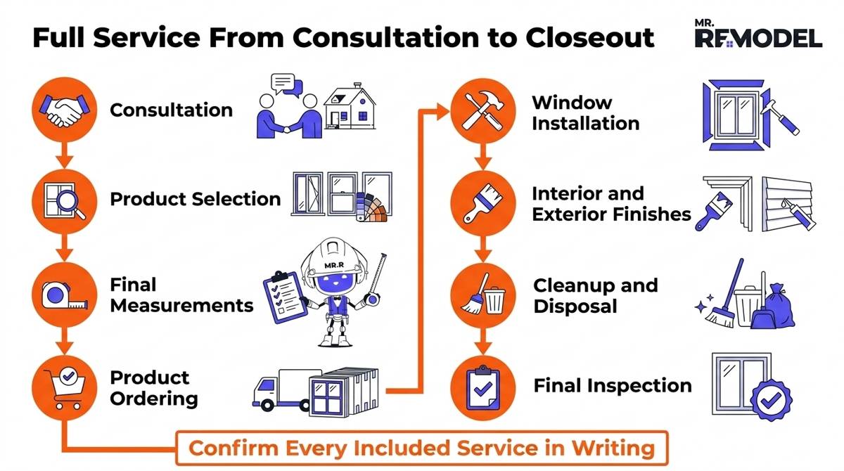 Ten-stage full-service window replacement process from consultation and measurement through installation, cleanup, and final inspection.